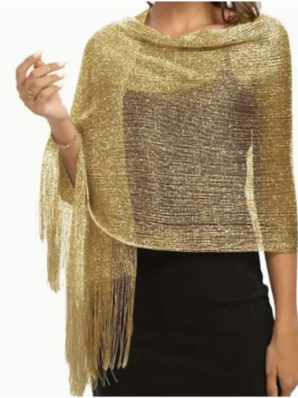 Women's Metallic Black Sparkling Tassel Scarf Wrap - Picture 3 of 5